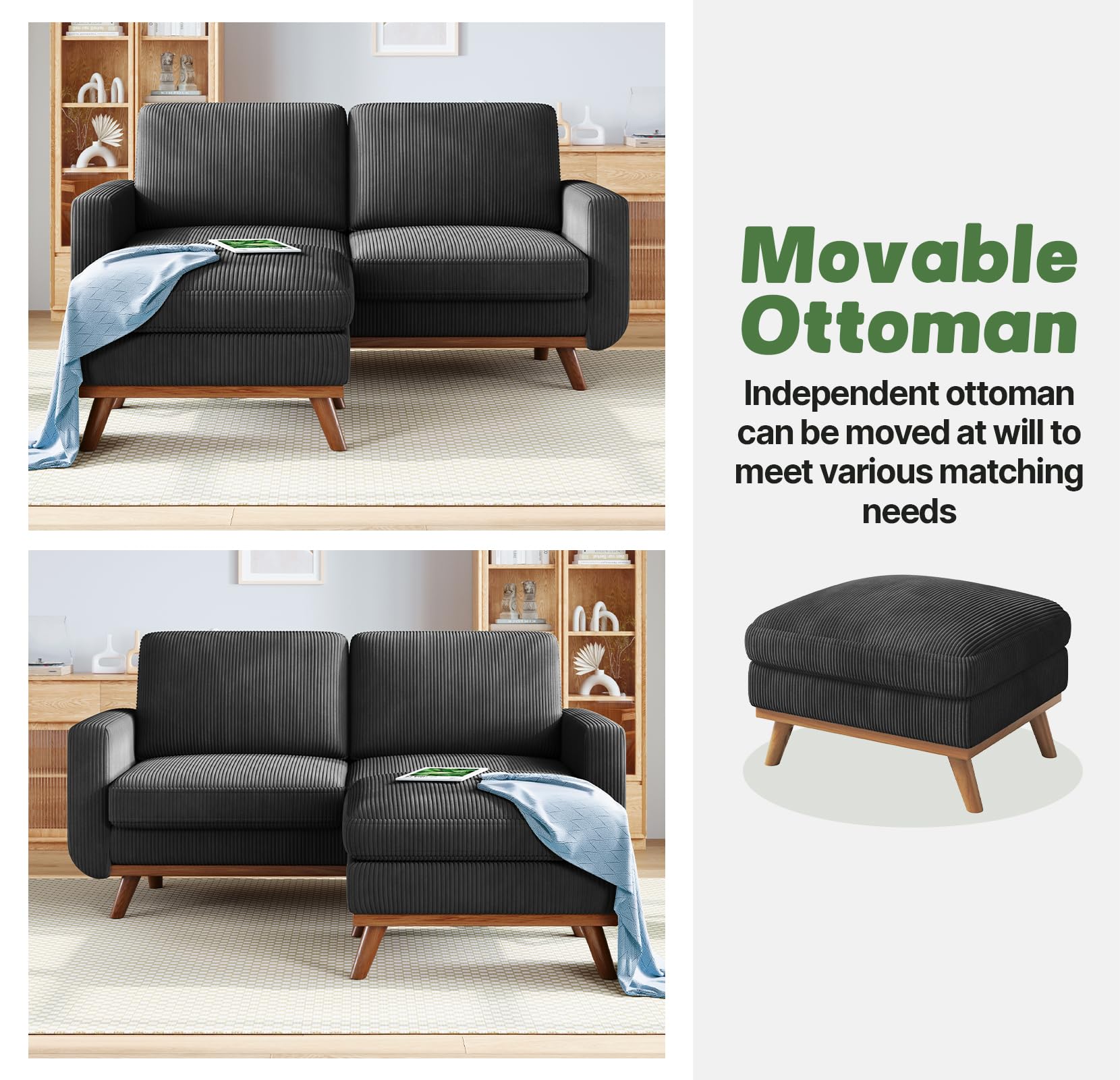 68" Loveseat Sofa with Movable Ottoman, Comfy Corduroy Couch with Spring Cushion, Sofa Couch with Solid Wood, Modern Office Sofa with Deep Seat for Living Room and Bedroom, Black
