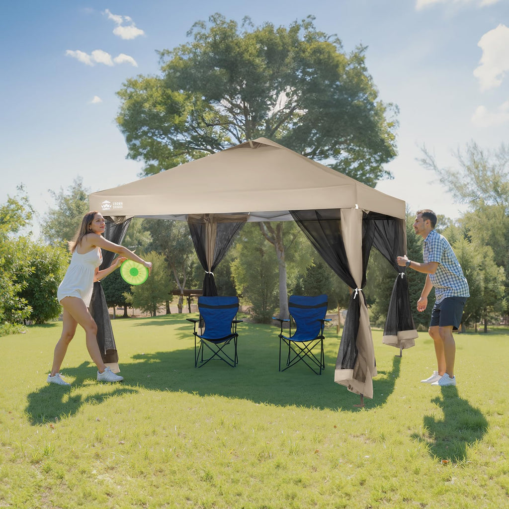 Gazebo 10x10 Pop Up Canopy with Mosquito Netting, Screen Tent with 4 Ropes, 8 Stakes, 4 Sandbags and Wheeled Storage Bag, Canopy for Patio & Backyard, Beige