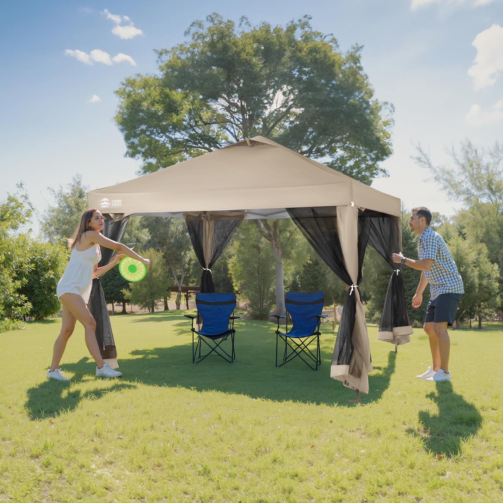 Gazebo 10x10 Pop Up Canopy with Mosquito Netting, Screen Tent with 4 Ropes, 8 Stakes, 4 Sandbags and Wheeled Storage Bag, Canopy for Patio & Backyard, Beige