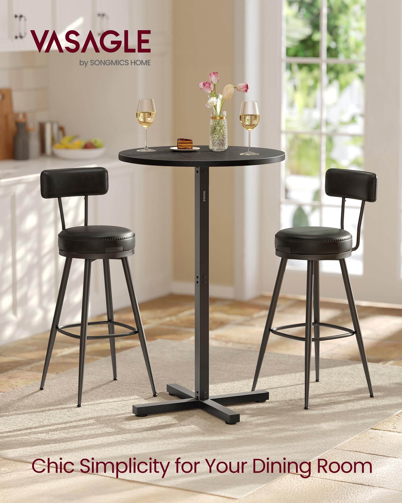 Round Cocktail Table, High Top Bar Pub Table with Metal Frame and Cross Base, for 2-3 People, Modern, Easy to Assemble, 23.6 x 23.6 Inches, Ebony Black