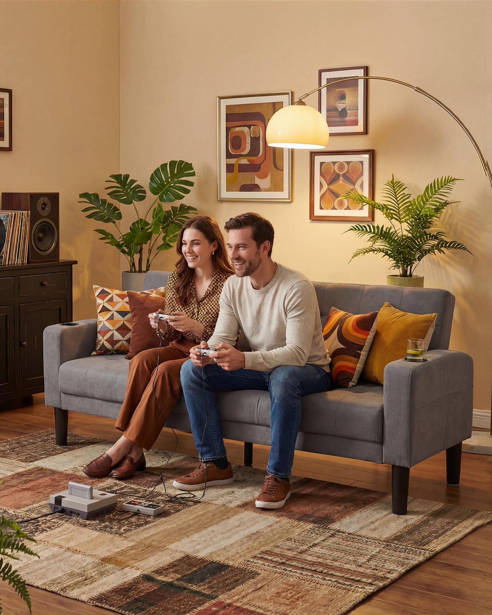 Sofa Couch, Living Room Furniture Sectional Sofa Sets 3 Pcs, Tufted Mid-Century Loveseat w/USB, Cupholders & Comfy Single Sofa for Small Space, Apartment, Office (Light Grey)