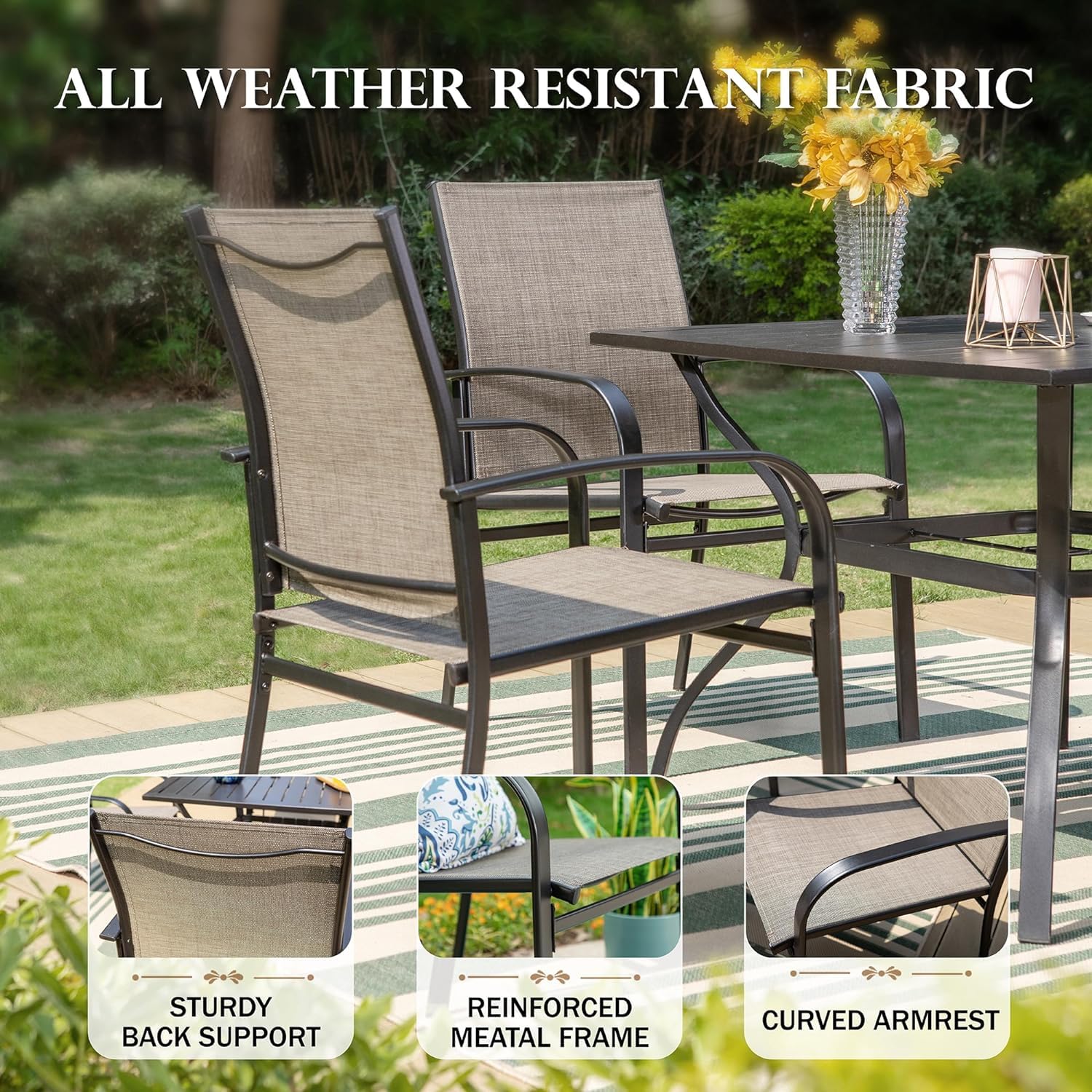 7 PCS Patio Dining Set, All-Weather Outdoor Table Chairs Set, 6 x Patio Dining Chairs, Rectangular Metal Table with Umbrella Hole for Yard Garden Porch Deck (Brown)