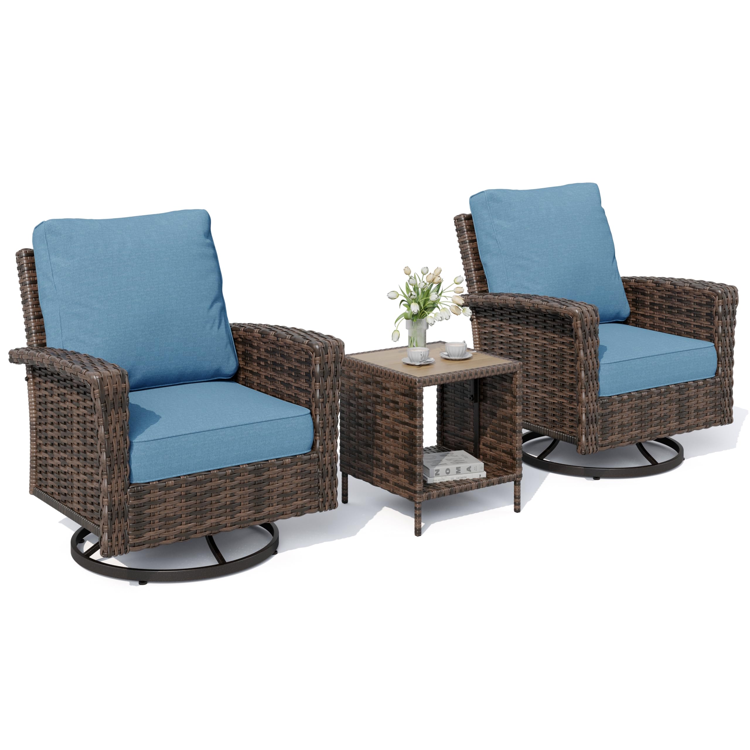 3-Piece Outdoor Patio Furniture, High Back Swivel Chairs Set of 2 with Rattan Table, Brown Wicker Conversation Bistro Set with 5.5” Thick Cushion for Deck Porch Balcony Garden Lawn, Blue