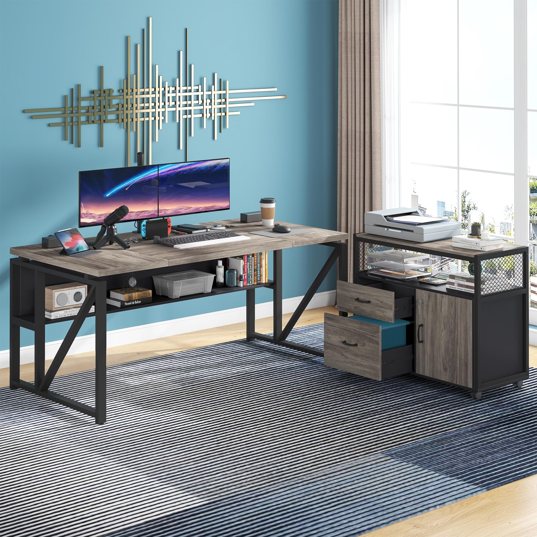 L Shaped Desk with Drawer Cabinet, 63" Executive Computer Desk and lateral File Cabinet, 2 Piece Home Office Furniture with Drawers for Hanging File, Doors with Locks (Gray, 63 inches)