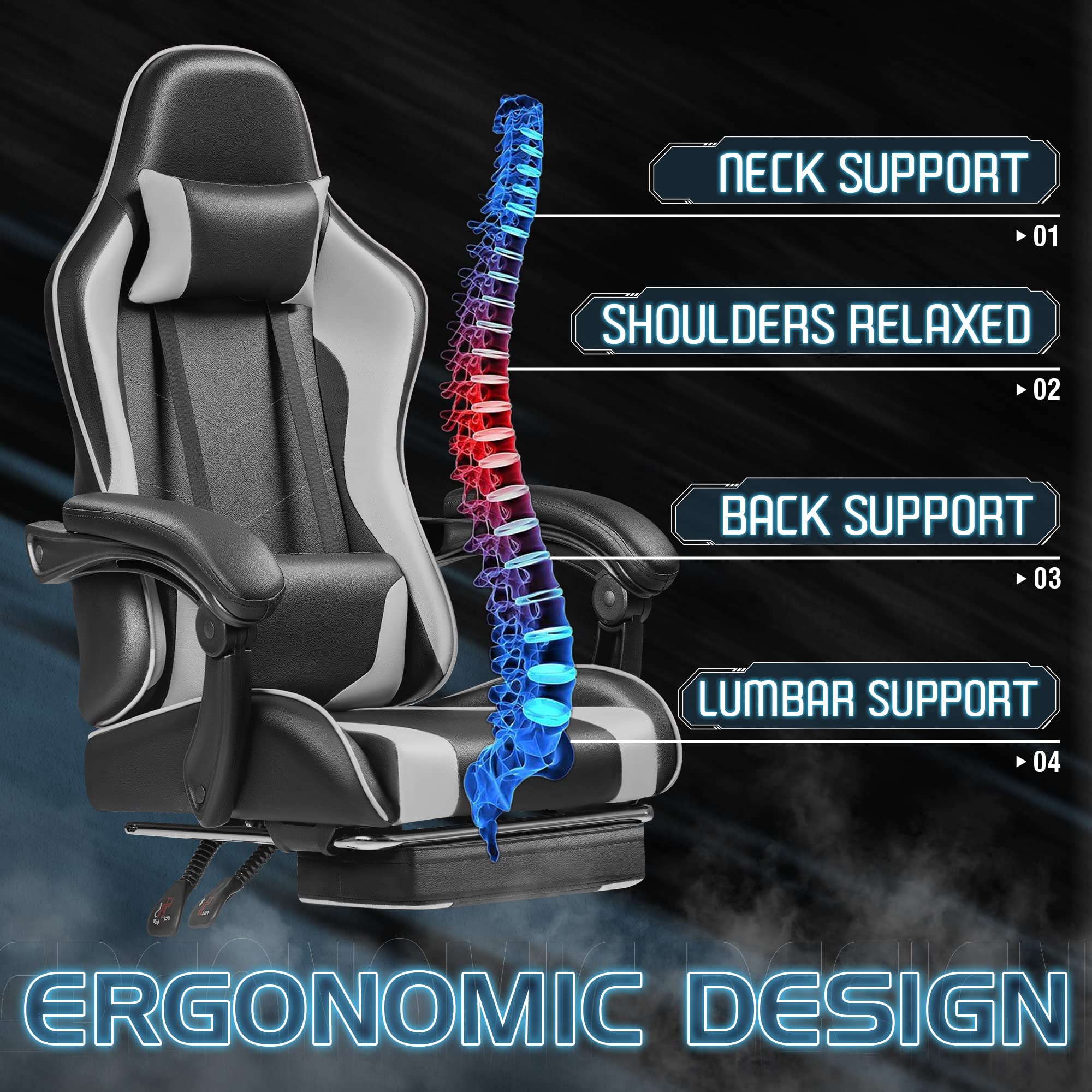 Gaming Chair, Video Game Chair with Footrest and Massage Lumbar Support, Ergonomic Computer Chair Height Adjustable with Swivel Seat and Headrest (White)