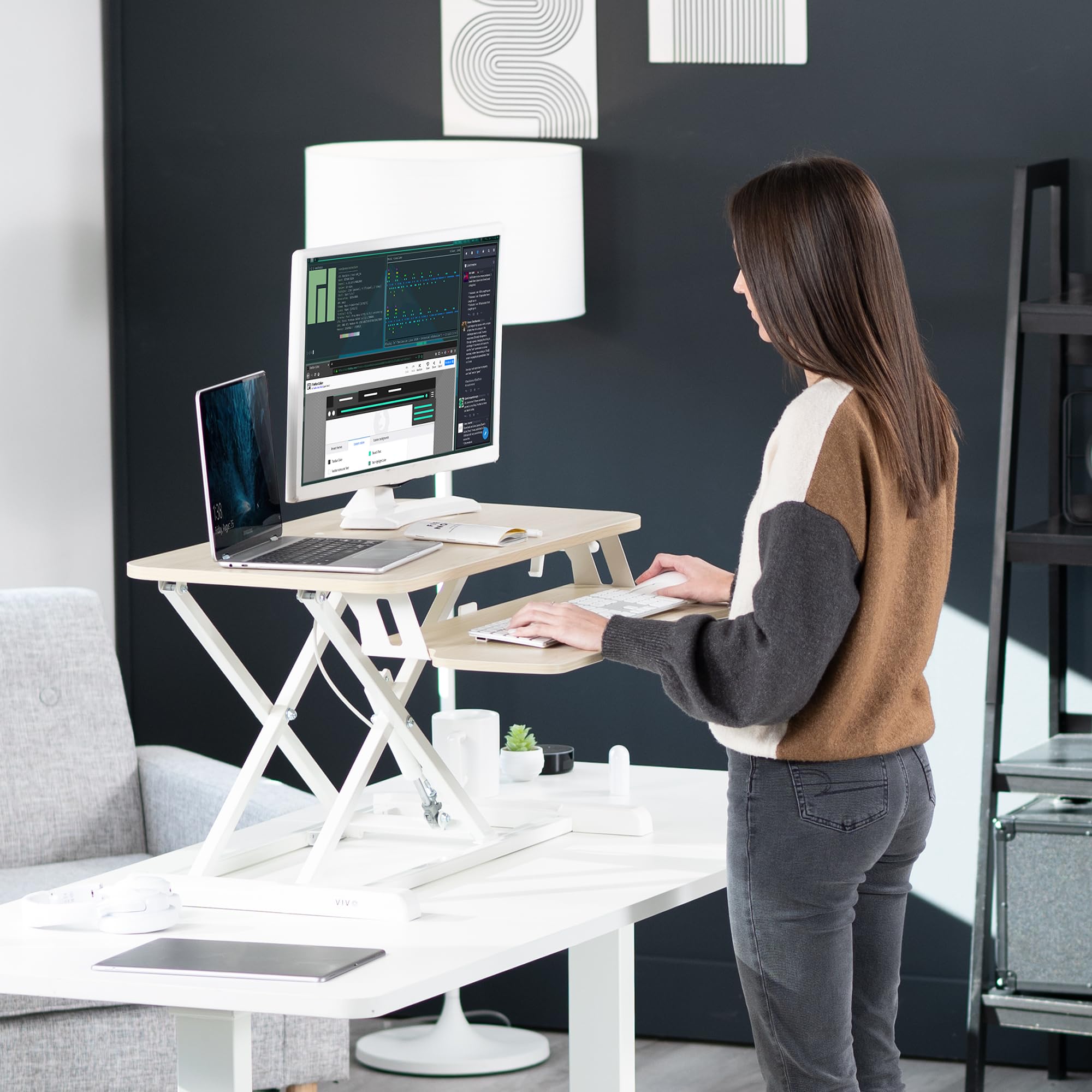 32 inch Desk Converter, K Series, Height Adjustable Sit to Stand Riser, Dual Monitor and Laptop Workstation with Wide Keyboard Tray, Light Wood Top, White Frame, DESK-V000KF