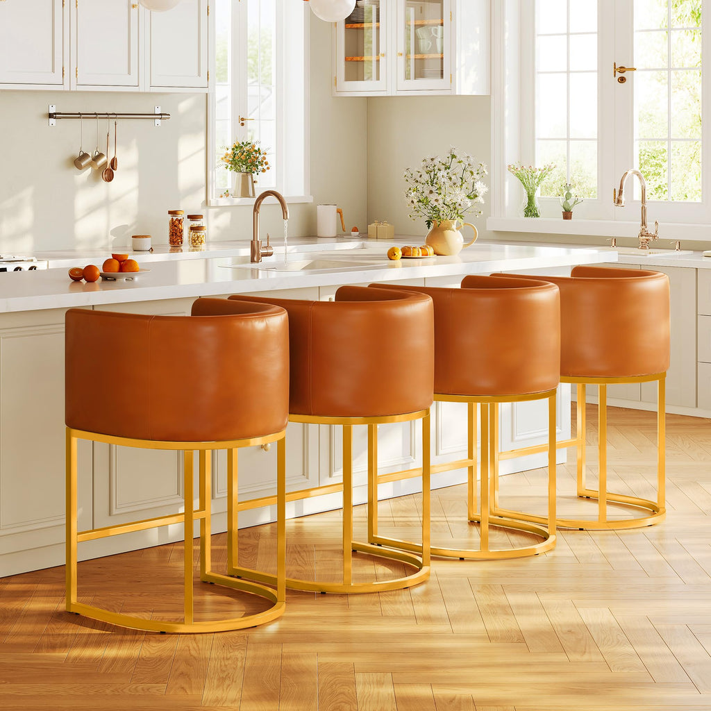 Modern Counter Height Bar Stools,Bar Stools Set of 2,PU Leather Upholstered Barrel Barstools with Backs,26'' Kitchen Island Chairs,Metal Gold Frames,Camel Brown Leather