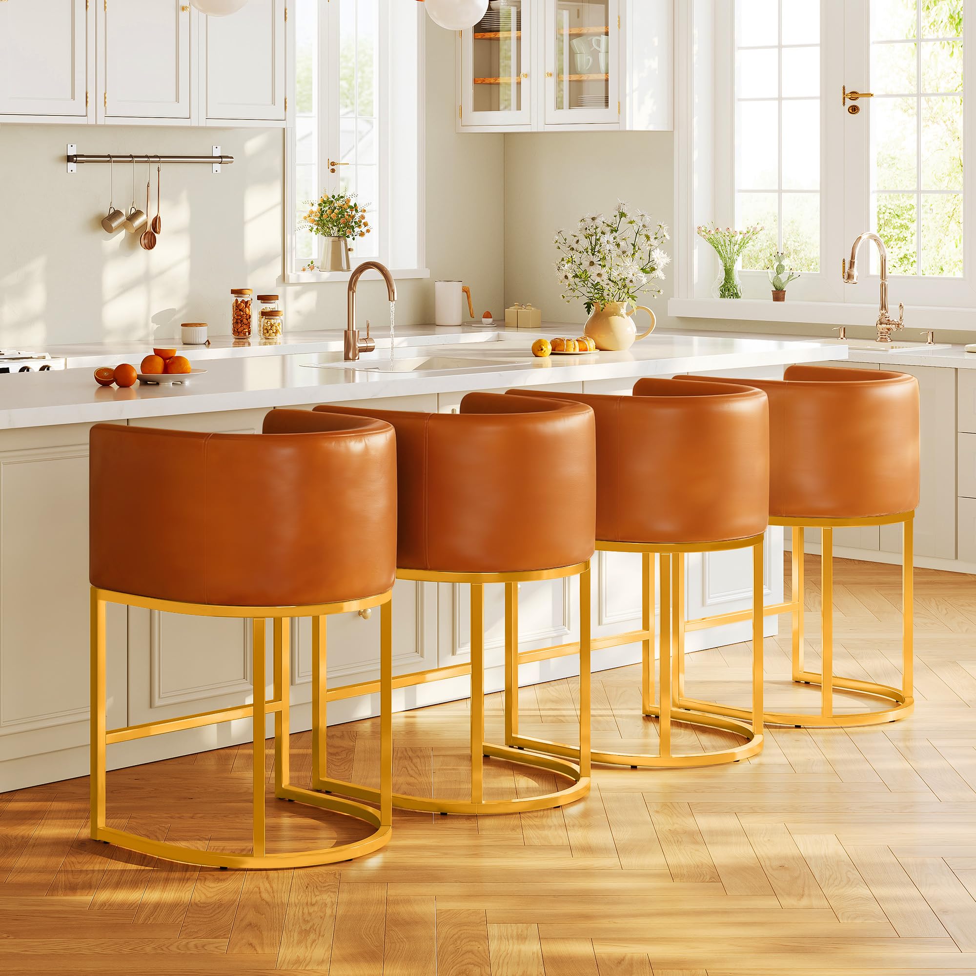 Modern Counter Height Bar Stools,Bar Stools Set of 2,PU Leather Upholstered Barrel Barstools with Backs,26'' Kitchen Island Chairs,Metal Gold Frames,Camel Brown Leather