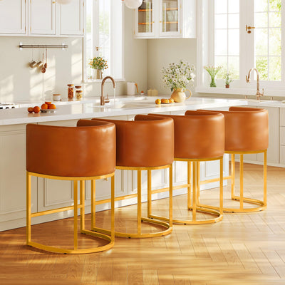 Modern Counter Height Bar Stools,Bar Stools Set of 2,PU Leather Upholstered Barrel Barstools with Backs,26'' Kitchen Island Chairs,Metal Gold Frames,Camel Brown Leather