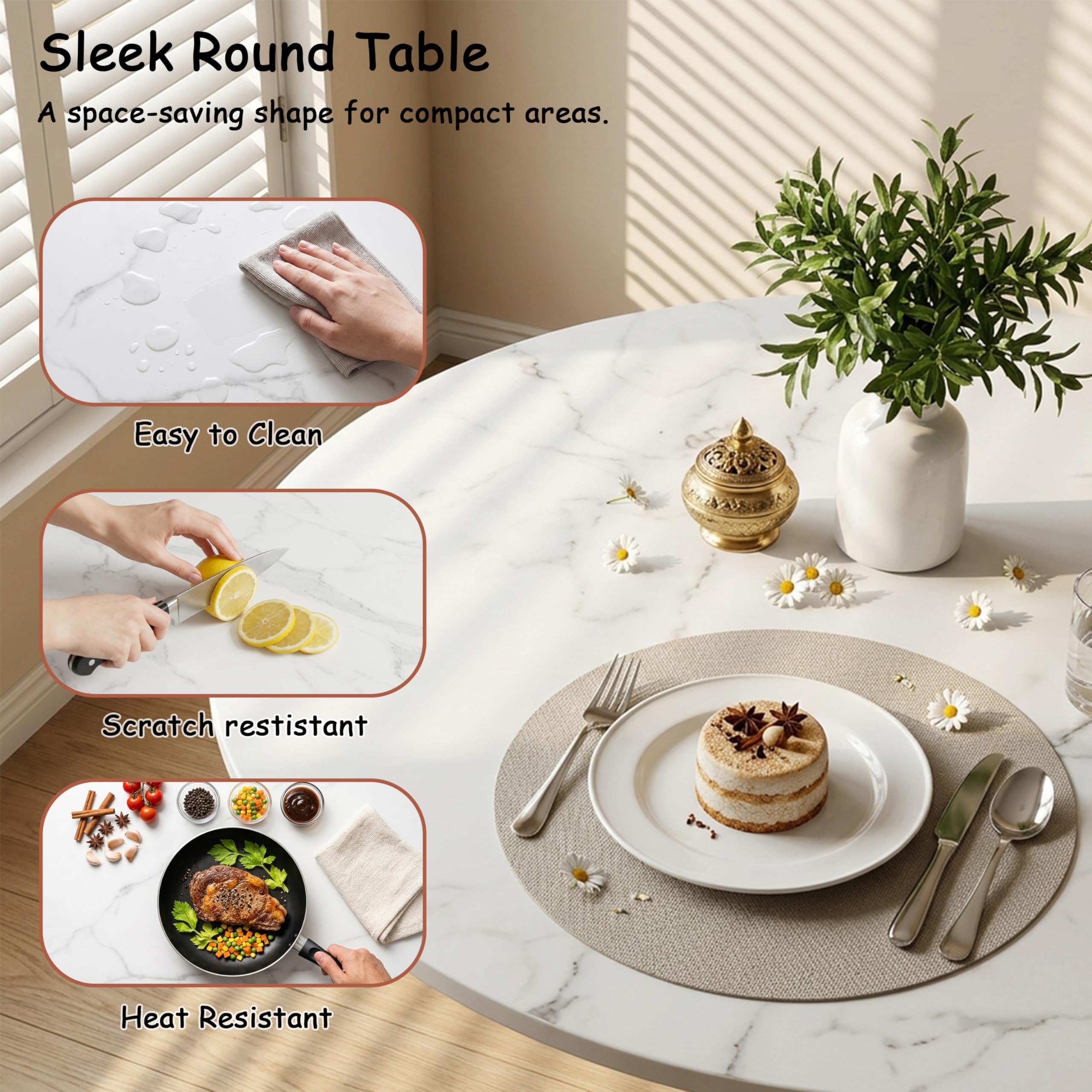 27.6" Marble Round Tulip Table, Mid-Century Modern Style Dining Table with Gold Pedestal Base for 2-4 People, Featuring A Marble Tabletop for Kitchen, Dining Room, Cafe (White)