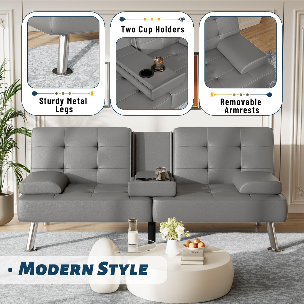 Sofa Bed Adjustable Futon Couch Sleeper Sofa Bed for Living Room, Business Office, Recliner Sofas with Cup Holders (PU Leather, Gray)