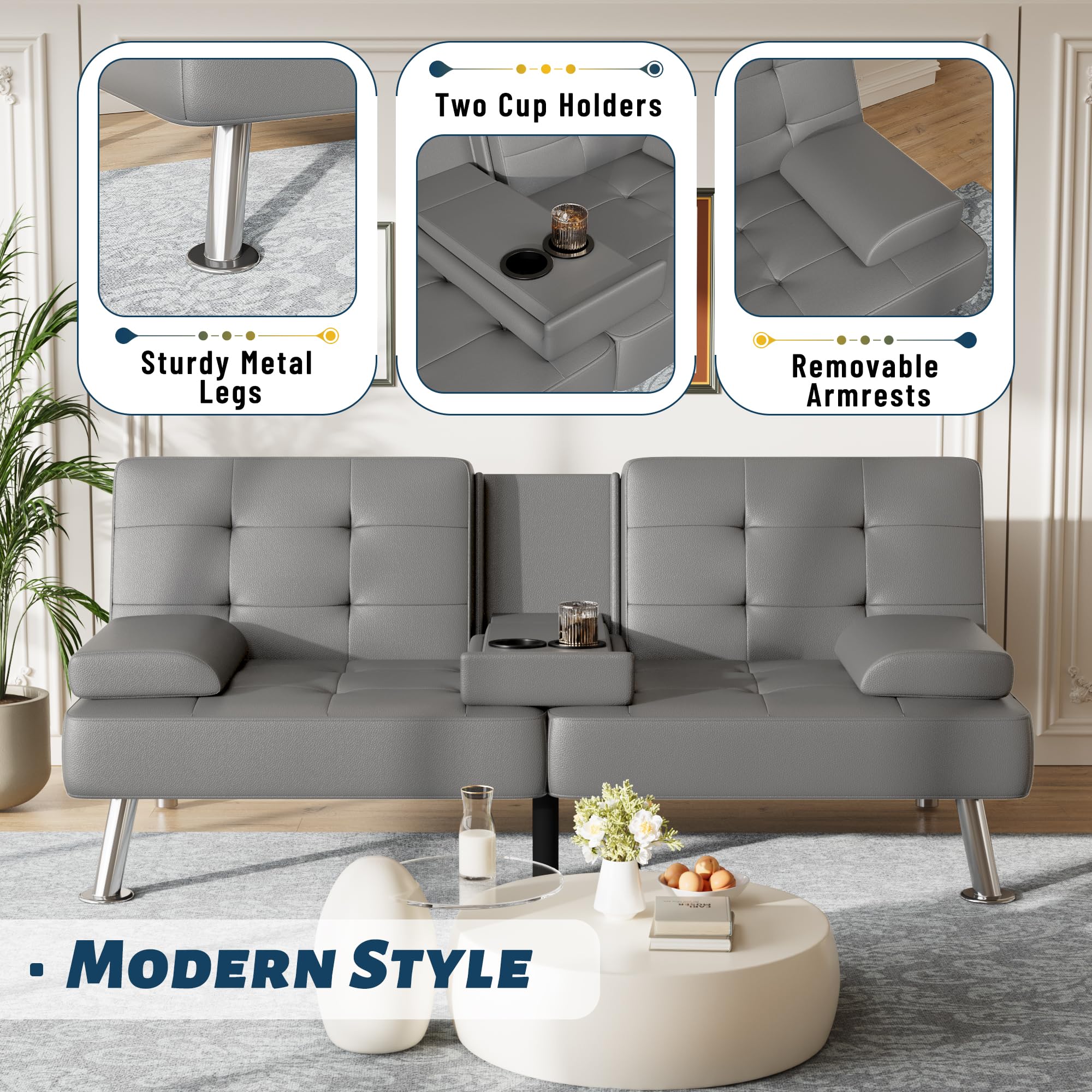 Sofa Bed Adjustable Futon Couch Sleeper Sofa Bed for Living Room, Business Office, Recliner Sofas with Cup Holders (PU Leather, Gray)