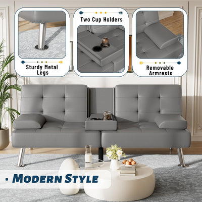 Sofa Bed Adjustable Futon Couch Sleeper Sofa Bed for Living Room, Business Office, Recliner Sofas with Cup Holders (PU Leather, Gray)