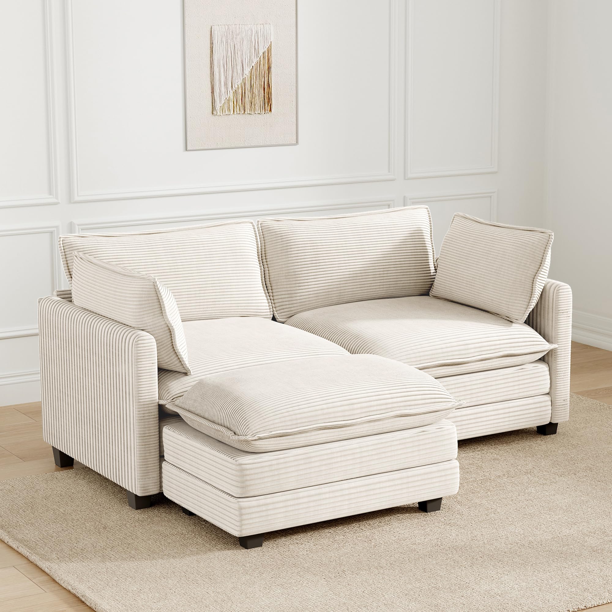 78'' Modular Sectional Cloud Couch with Movable Ottoman, 3 Seat Comfy Modern Corduroy Sofa with 2 Throw Pillows, Deep Seat L Shaped Couch for Living Room Bedroom Apartment, Beige