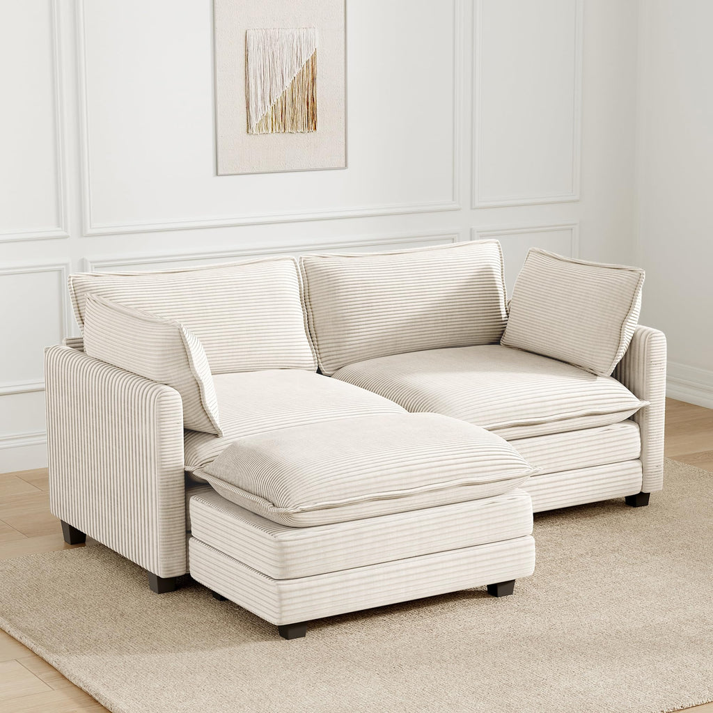 78'' Modular Sectional Cloud Couch with Movable Ottoman, 3 Seat Comfy Modern Corduroy Sofa with 2 Throw Pillows, Deep Seat L Shaped Couch for Living Room Bedroom Apartment, Beige