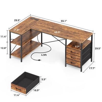 L Shaped Office Desk with Power Outlets, 55 Inch Computer Desk with 3 Drawers, Shelves, Reverisble for Gaming Corner Work Home Office Study, Rustic Brown