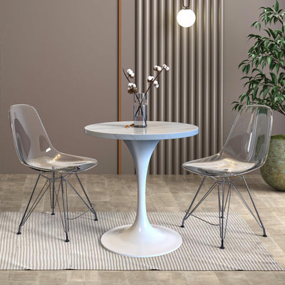 Modern Round Dining Table, White Resin Tabletop with Stainless Steel Pedestal Base, Contemporary Kitchen & Dining Room Table, Small Space Breakfast Nook Table (27 Inch)