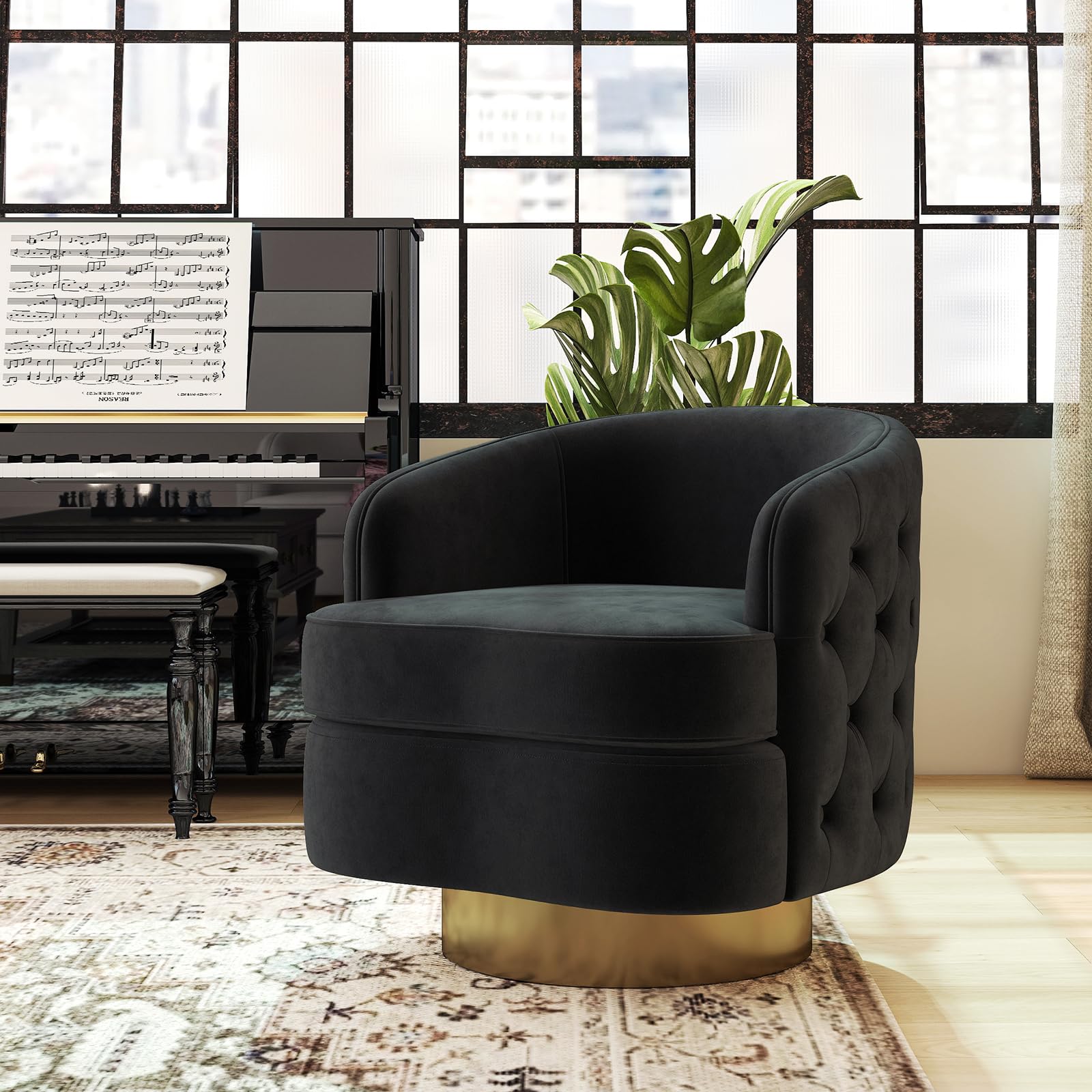 360 Degree Swivel Barrel Accent Chair, Modern Tufted Velvet Upholstered Round Arm Chair with Tall Backrest, Side Reading Seat Single Sofa for Living Room, Black