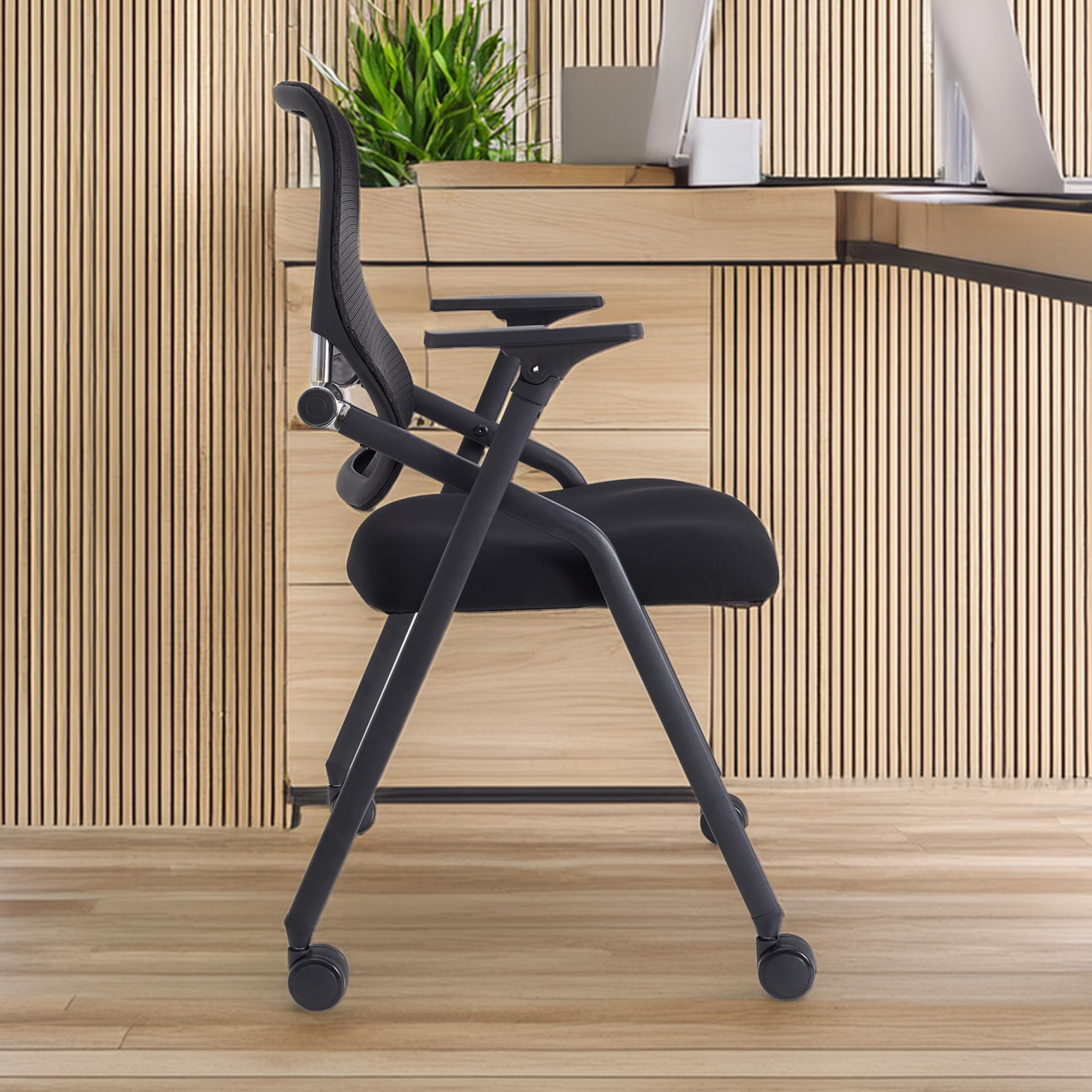 PRO, Stackable & Foldable Conference Room Chairs with 2X Thick Cushion, Lumbar Support, Armrest - Mesh Bouncing Back for Office Meeting, Conference, Training Room Chair 1 Pack