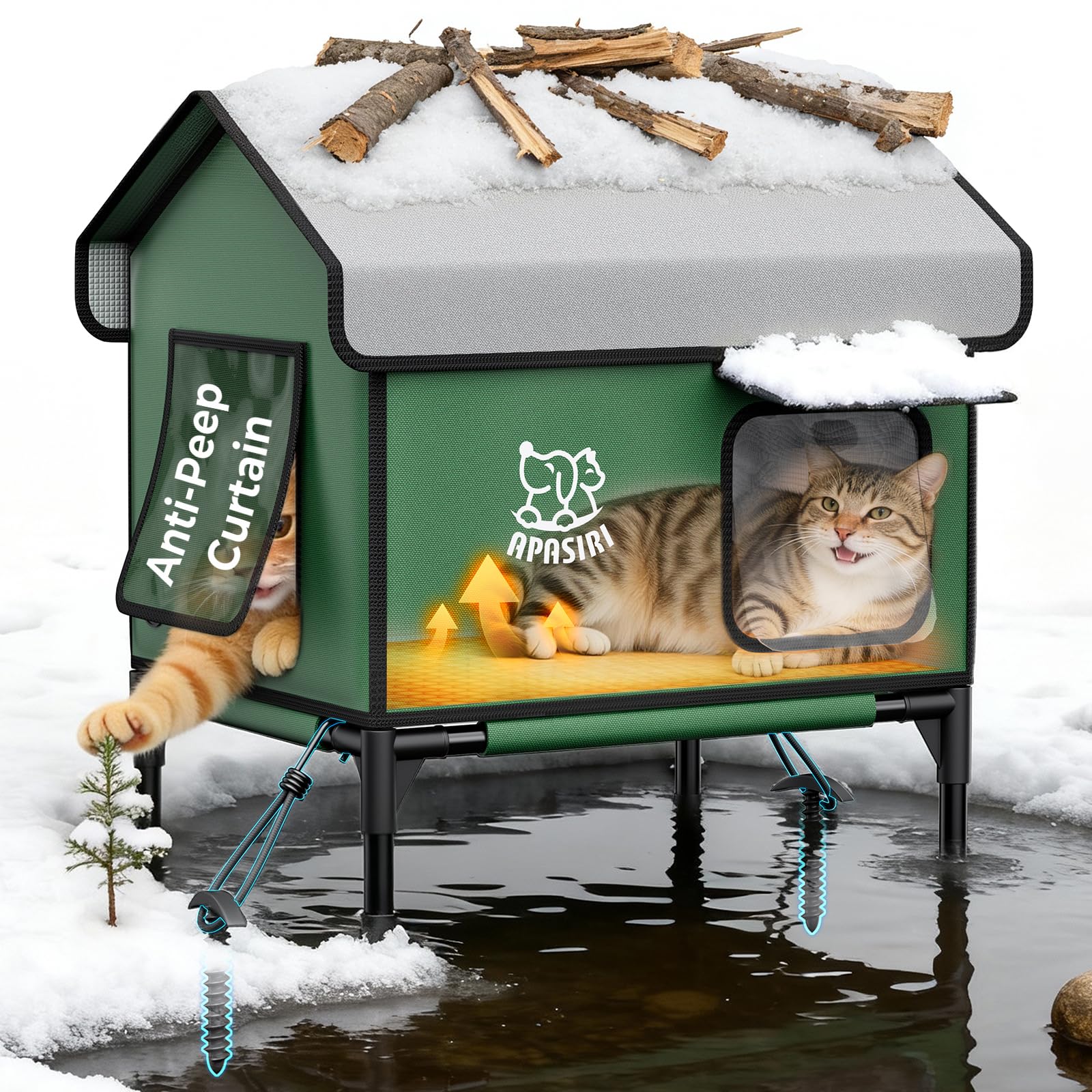 Heated Outdoor Cat House Weatherproof - Insulated Cat Shelter with Thermostatic Heating Pad, Water Resistant 900D Oxford Feral Cat House with Anti-Peep Curtains Escape Door for Winter, Small