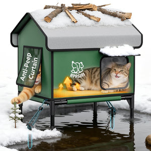 Heated Outdoor Cat House Weatherproof - Insulated Cat Shelter with Thermostatic Heating Pad, Water Resistant 900D Oxford Feral Cat House with Anti-Peep Curtains Escape Door for Winter, Small