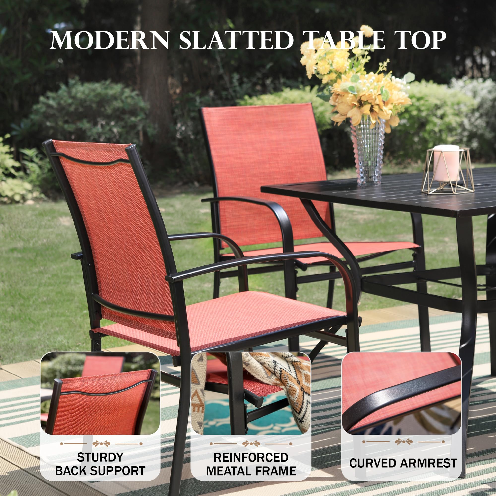 Patio Dining Set 9 Pieces, Outdoor Table and Chairs Set for 8, 8 x Red Textilene Dining Chair, 60" Square Metal Dining Table with 1.57" Umbrella Hole, for Lawn Garden Backyard Deck