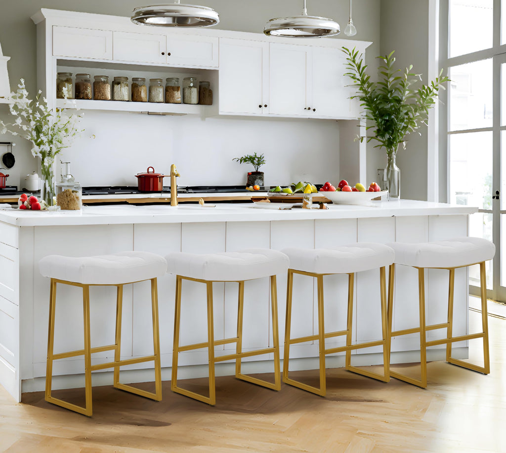 White & Gold Counter Height Bar Stools Set of 2 for Kitchen Counter Backless Kitchen Island Barstools with Upholstered Faux Leather Seat and Gold Base Modern 24 inch Bar Chairs No Back