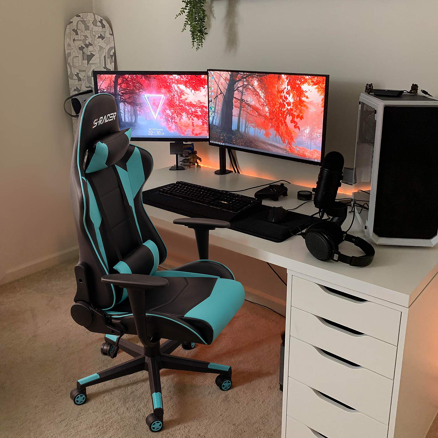 Gaming Chair, Office Chair High Back Computer Chair Leather Desk Chair Racing Executive Ergonomic Adjustable Swivel Task Chair with Headrest and Lumbar Support(Cyan)