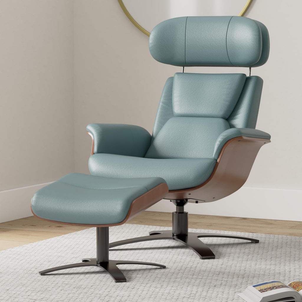 Genuine Leather Reclining Swivel Chair with Adjustable Headrest and Ottoman for Living Room, Teal