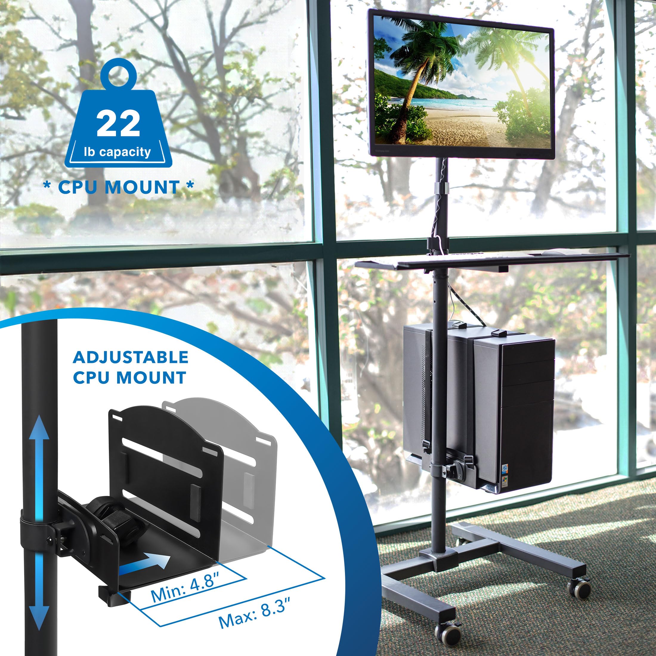 Rolling Computer Cart on Wheels, Mobile Desk Workstation with Monitor Mount for up to 32" Screen, Full Keyboard Tray, Floating Adjustable CPU Holder, Standing up to 70" Tall