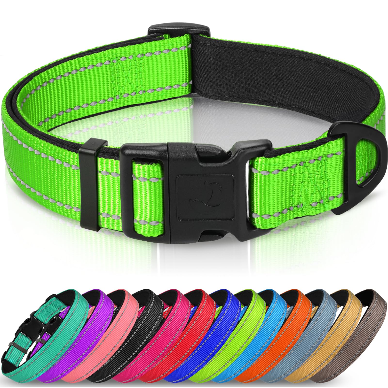 Reflective Dog Collar, Soft Neoprene Padded, Metal D-Ring, Nylon Pet Collar Adjustable for Small Dogs, Green, S