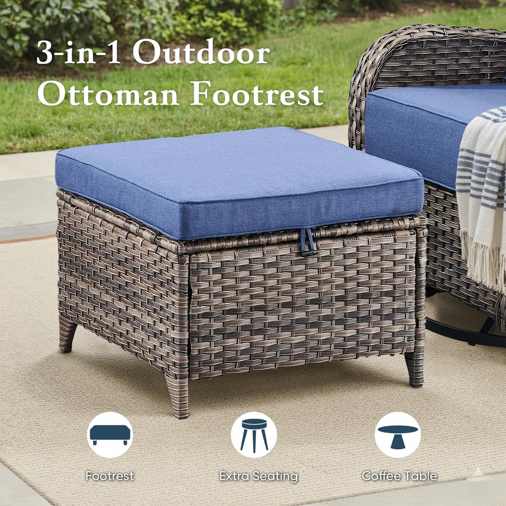 Luxury 6" Thick Cushioned 10 Pieces Patio Furniture Set with Fire Pit Table, Wicker Outdoor Conversation Set with High Back Swivel Rocker Chairs for Deck Porch Yard and Poolside - Grey+Blue