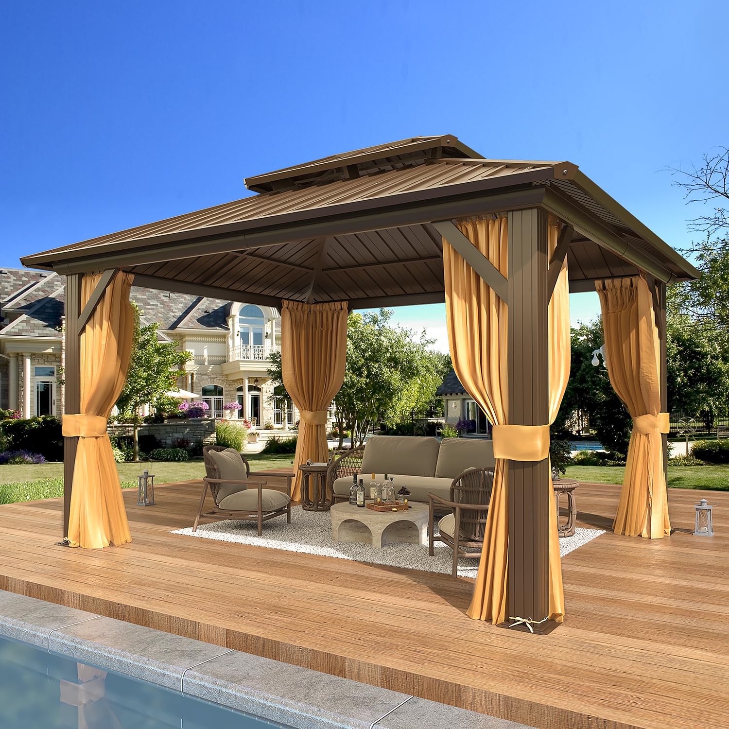 10' x 12' Hardtop Gazebo, Aluminum Frame Gazebos with Galvanized Steel Double Roof, Permanent Outdoor Metal Pavilion with Curtain and Netting for Patio, Lawn, Deck