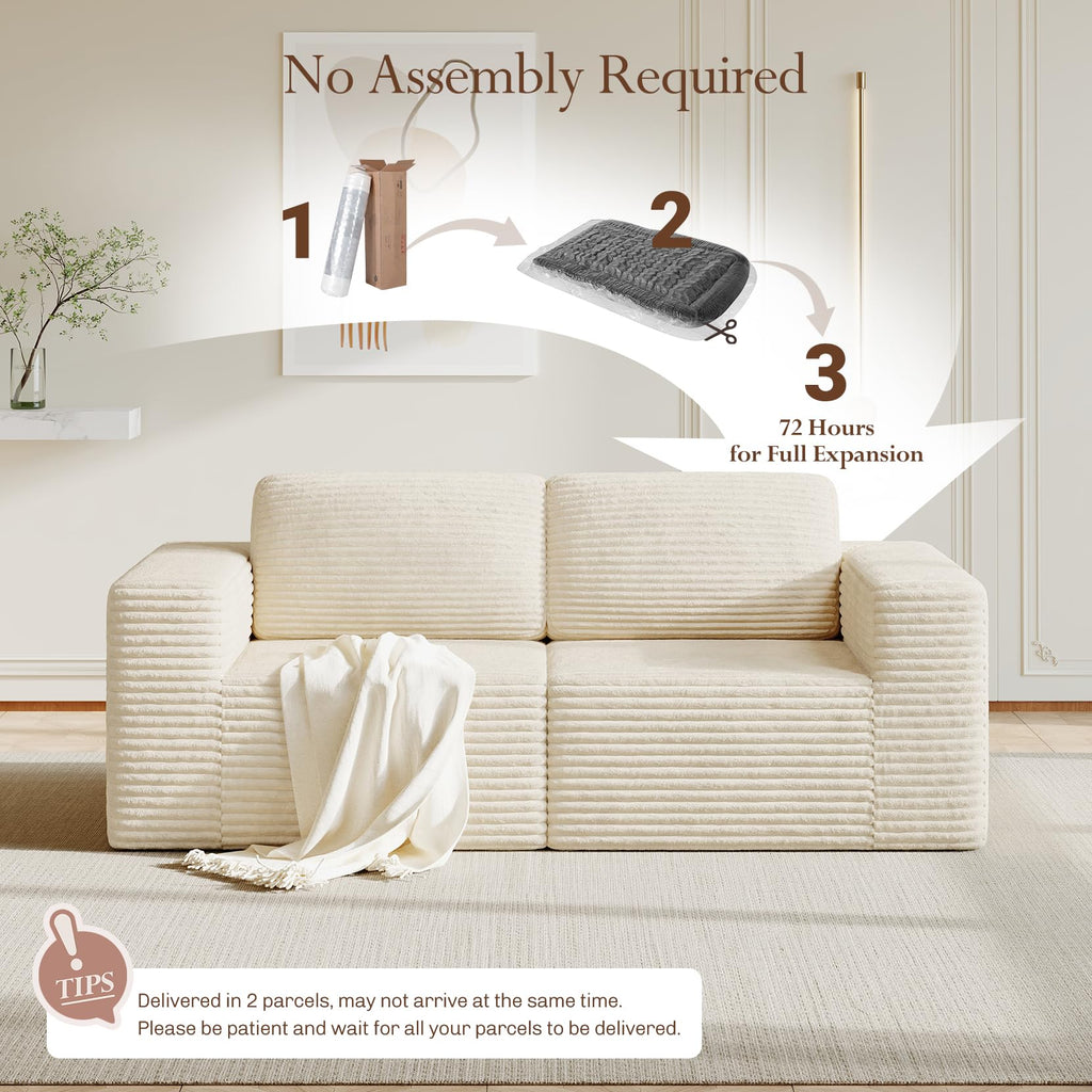 80" Modular Sectional Sofa, Corduroy Cloud Couch with Deep Seating & Spring Support, 2 Seater Compact Modular Couch, Boneless Sectional Sofa for Small Spaces, No Assembly Required, Beige
