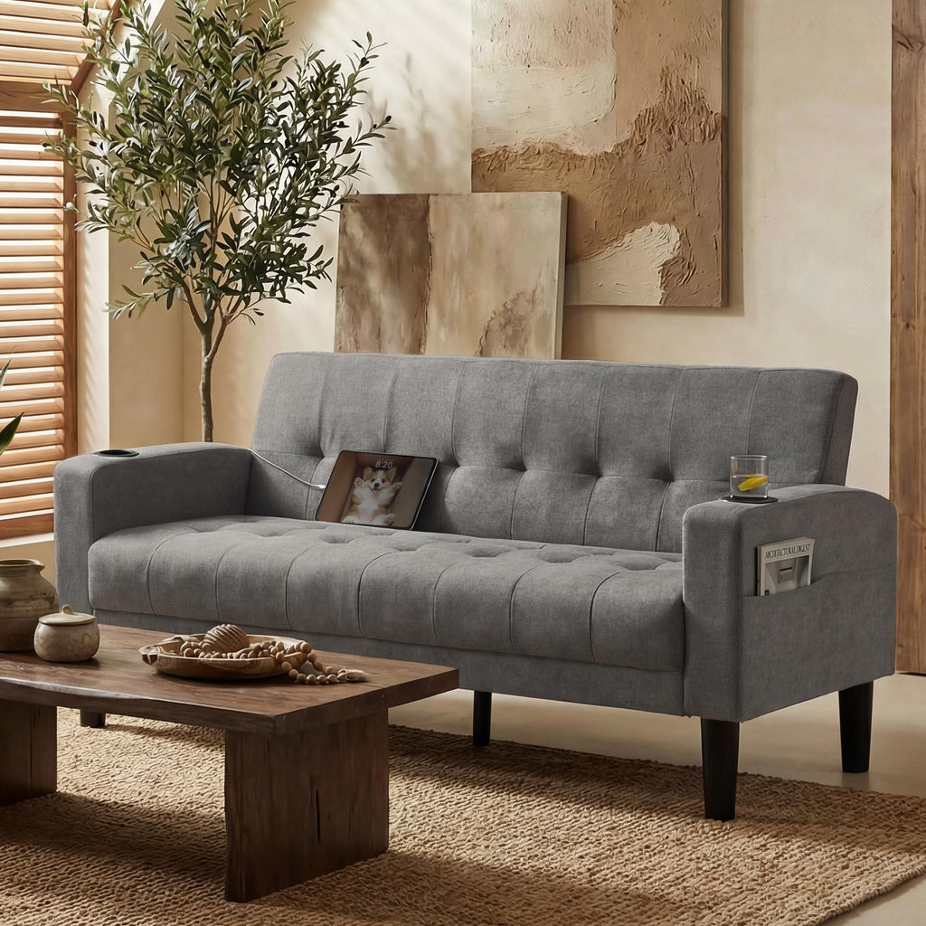 Sofa Couch 62" W Loveseat w/ 2 USB Charger Ports & 2 Cupholders, Mid-Century Modern Tufted Small Love Seat Couches for Office,Compact Living Room,Bedroom,Apartment,Dorm(Light Grey)