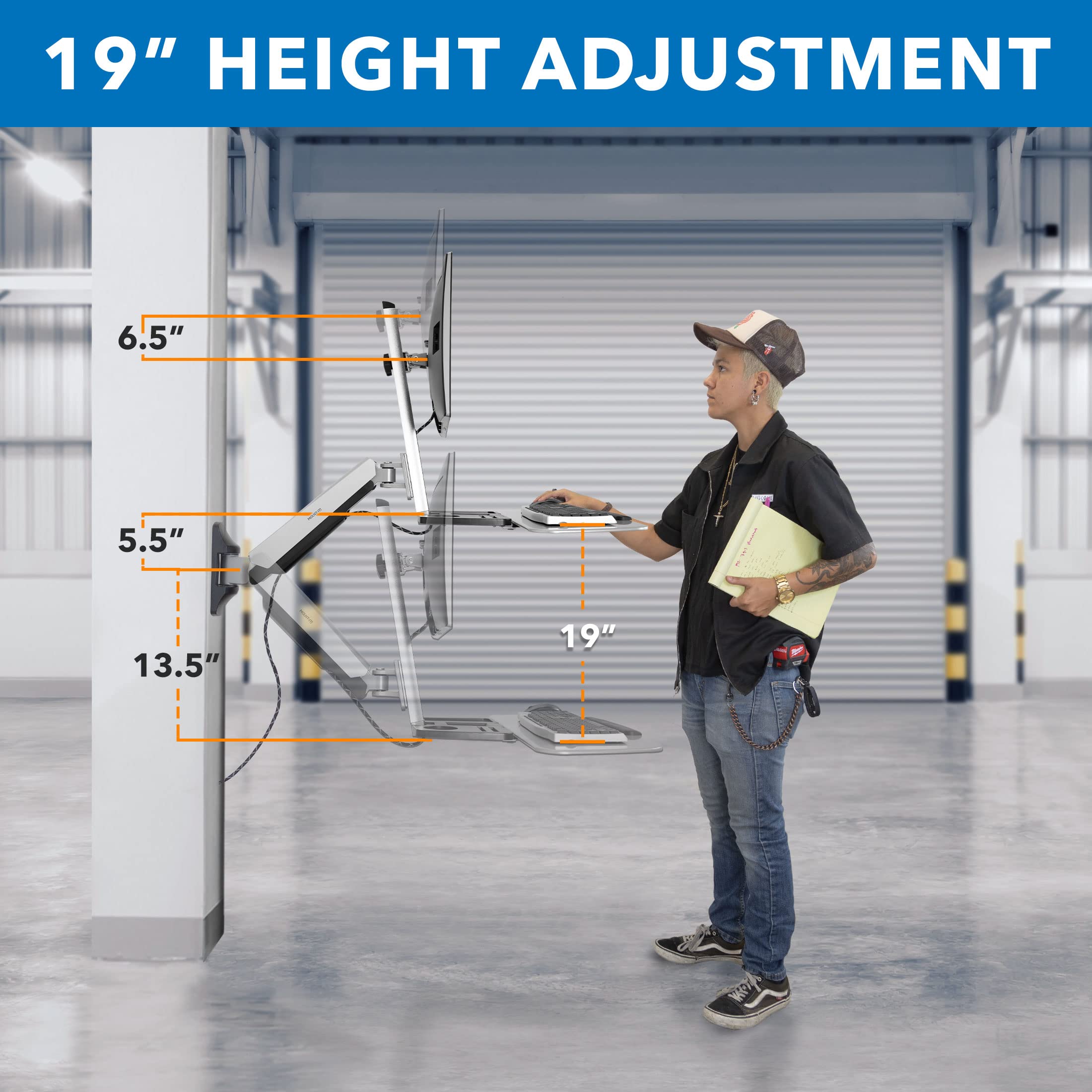 Sit Stand Wall Mount Workstation | Adjustable Height Stand Up Computer Station with Articulating Monitor Mount, Keyboard Tray, & CPU Holder | VESA Mount 75x75 and 100x100 | MI-7905