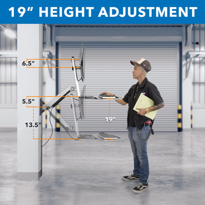 Sit Stand Wall Mount Workstation | Adjustable Height Stand Up Computer Station with Articulating Monitor Mount, Keyboard Tray, & CPU Holder | VESA Mount 75x75 and 100x100 | MI-7905