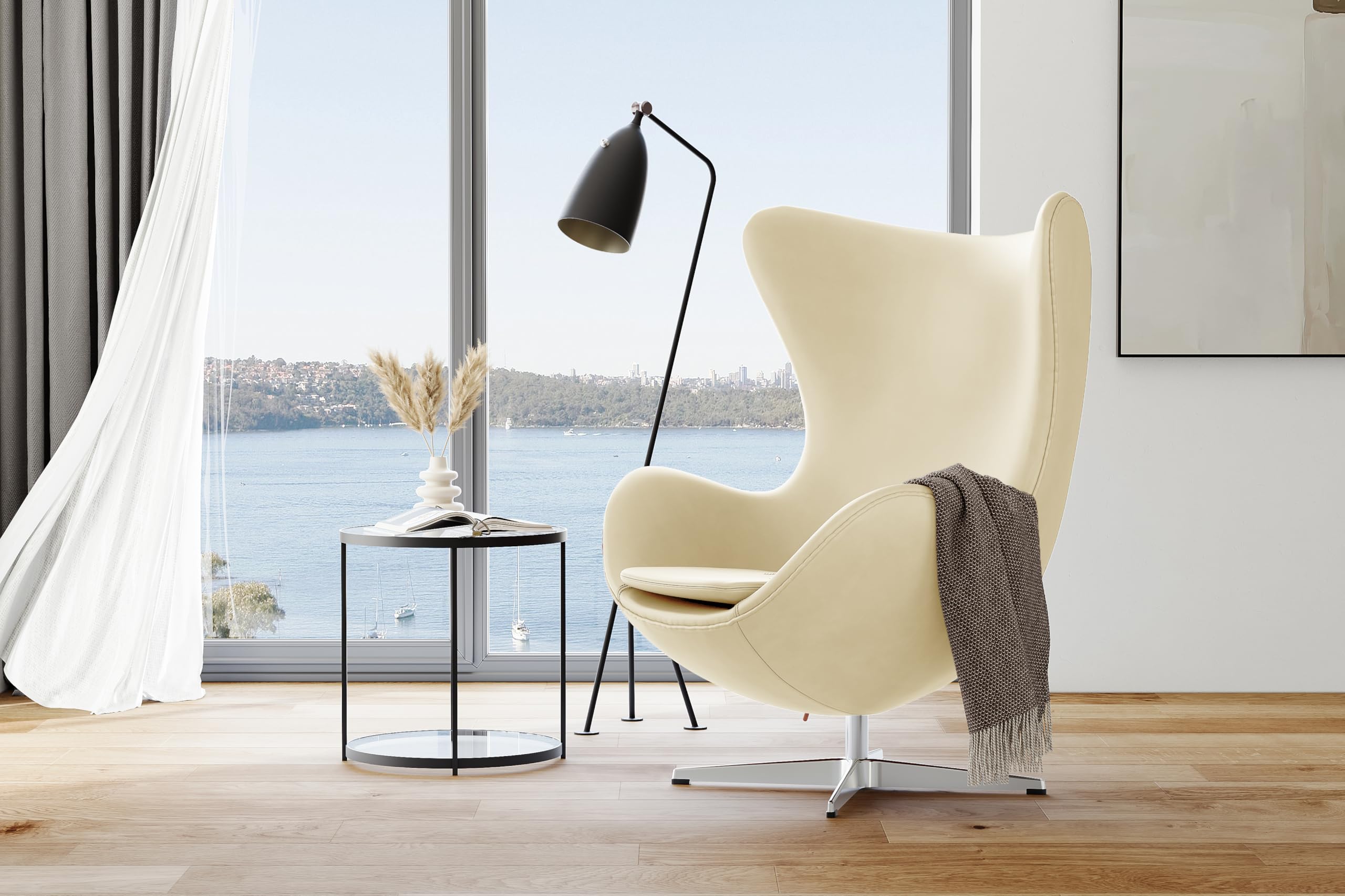 Valencia Finola Swivel Armchair 35.4”, Italian Nappa 11000 Top Grain Leather, 360° Swivel, Mid-Century Modern Accent Chair for Living Room, Cream