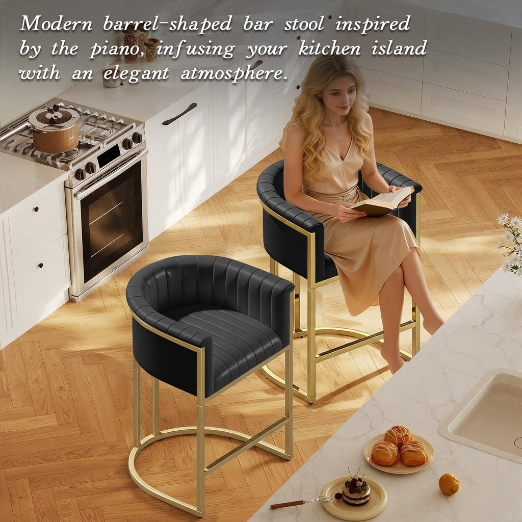 Modern Counter Height Bar Stools,Bar Stools Set of 3,PU Leather Upholstered Barrel Barstools with Backs and Arms,26'' Kitchen Island Chairs,Mirror Champagne Gold Base,Ink Black Leather