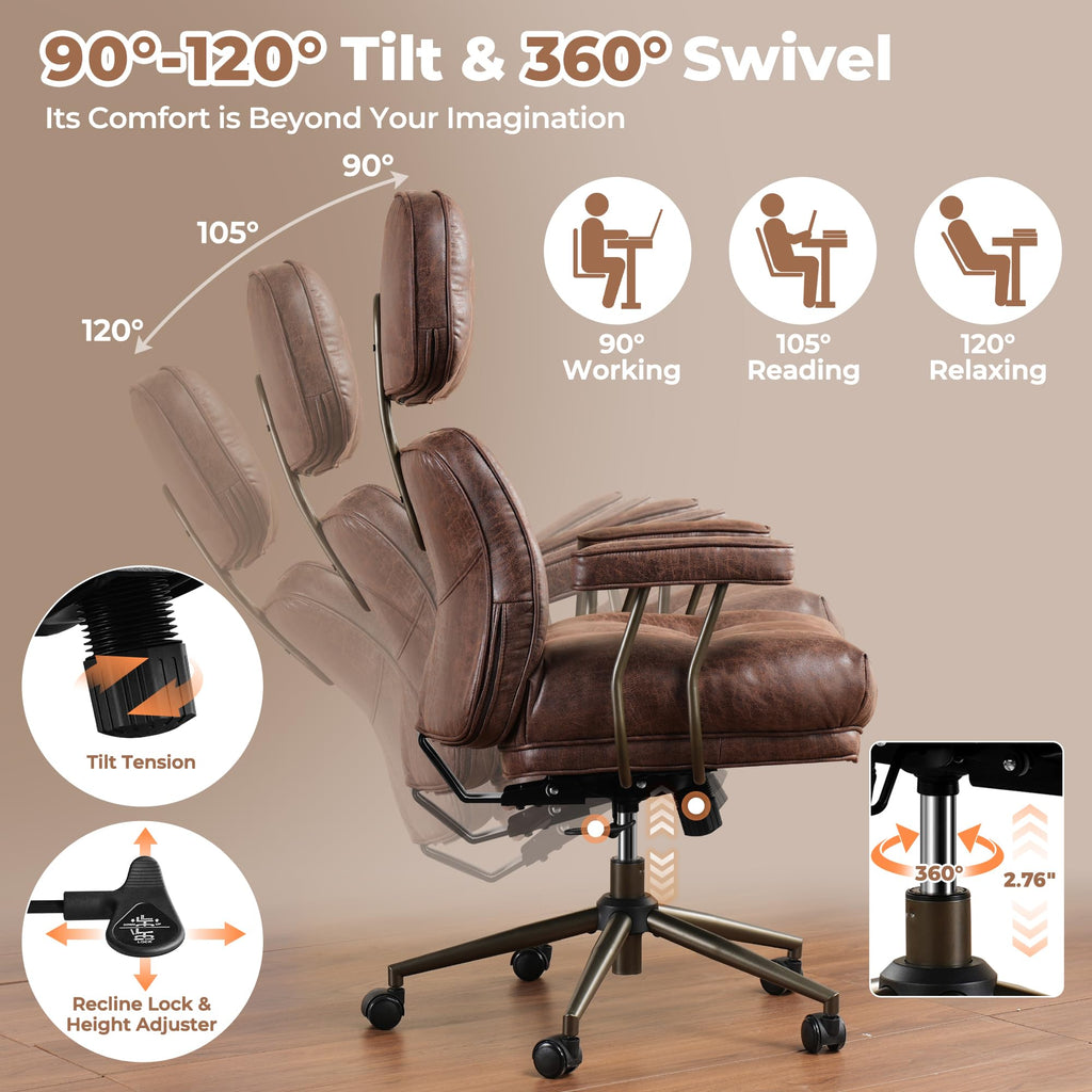 Ergonomic Office Chair, High Back Faux Leather Executive Chairs with Thick Cushion, Comfy Mid-Century Modern Swivel Rolling Computer Armchair (Dark Brown, Suede Leather)