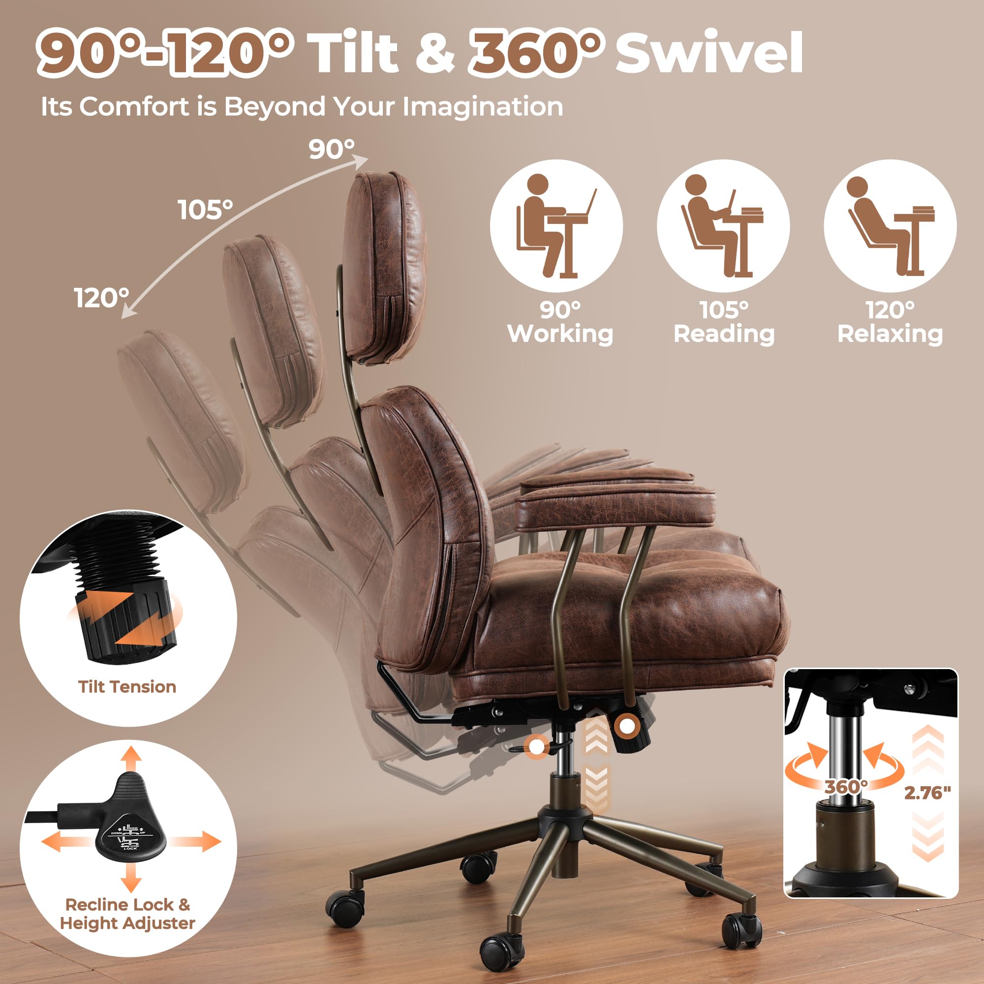 Ergonomic Office Chair, High Back Faux Leather Executive Chairs with Thick Cushion, Comfy Mid-Century Modern Swivel Rolling Computer Armchair (Dark Brown, Suede Leather)