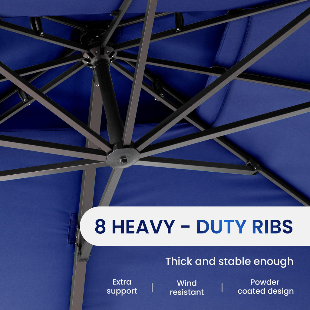 10 X 13 FT Cantilever Patio Umbrella with Base Included Outdoor Heavy Duty Double Top Windproof Rectangle Offset Umbrellas with 360-degree Rotation for Pool Deck Backyard, Navy
