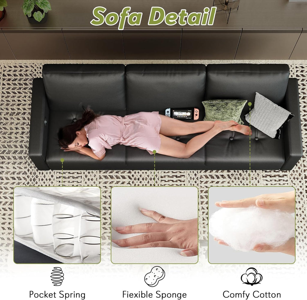 73” Black Faux Leather Couch, Modern Comfy Office 3 Seater Sofa Couch with Tufted Armrest and USB, Small Loveseat Couches for Living Room, Apartment, Bedroom