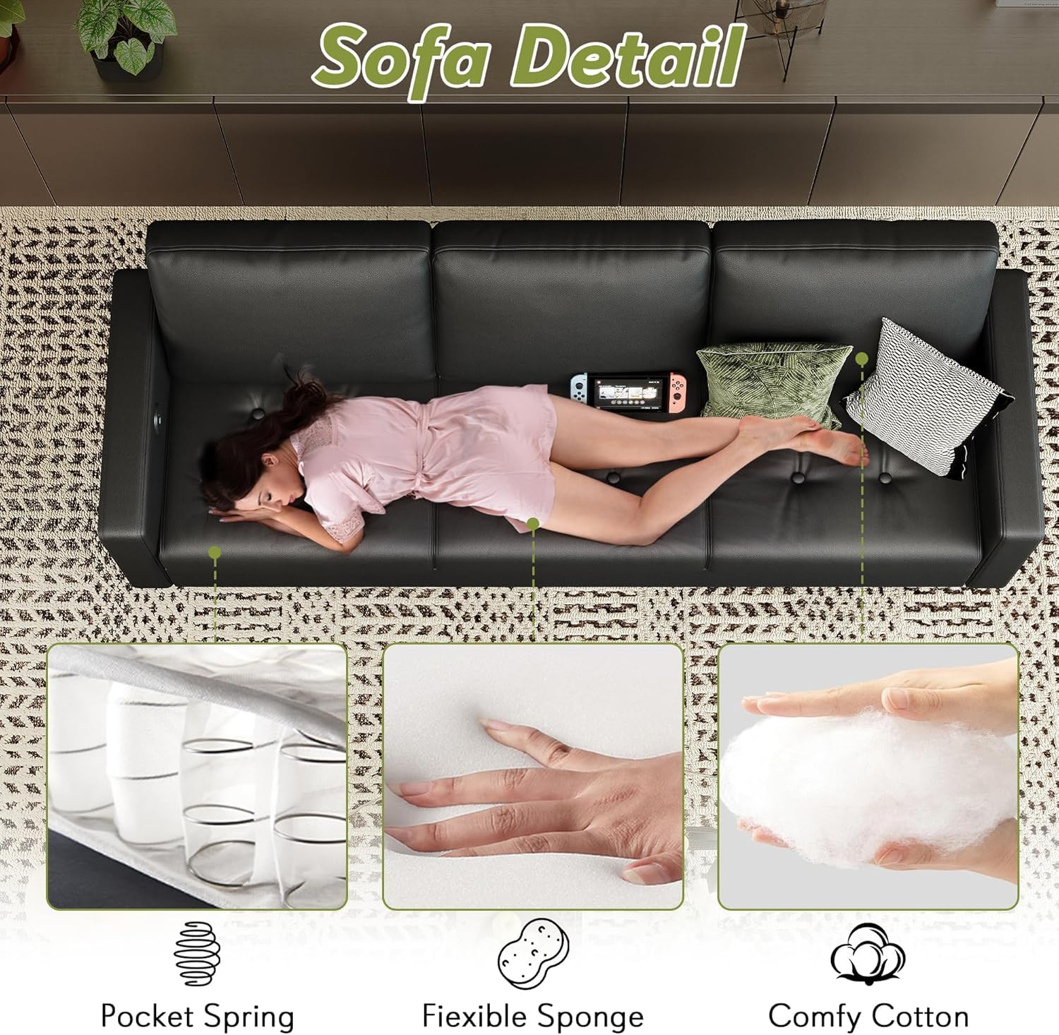 73” Black Faux Leather Couch, Modern Comfy Office 3 Seater Sofa Couch with Tufted Armrest and USB, Small Loveseat Couches for Living Room, Apartment, Bedroom