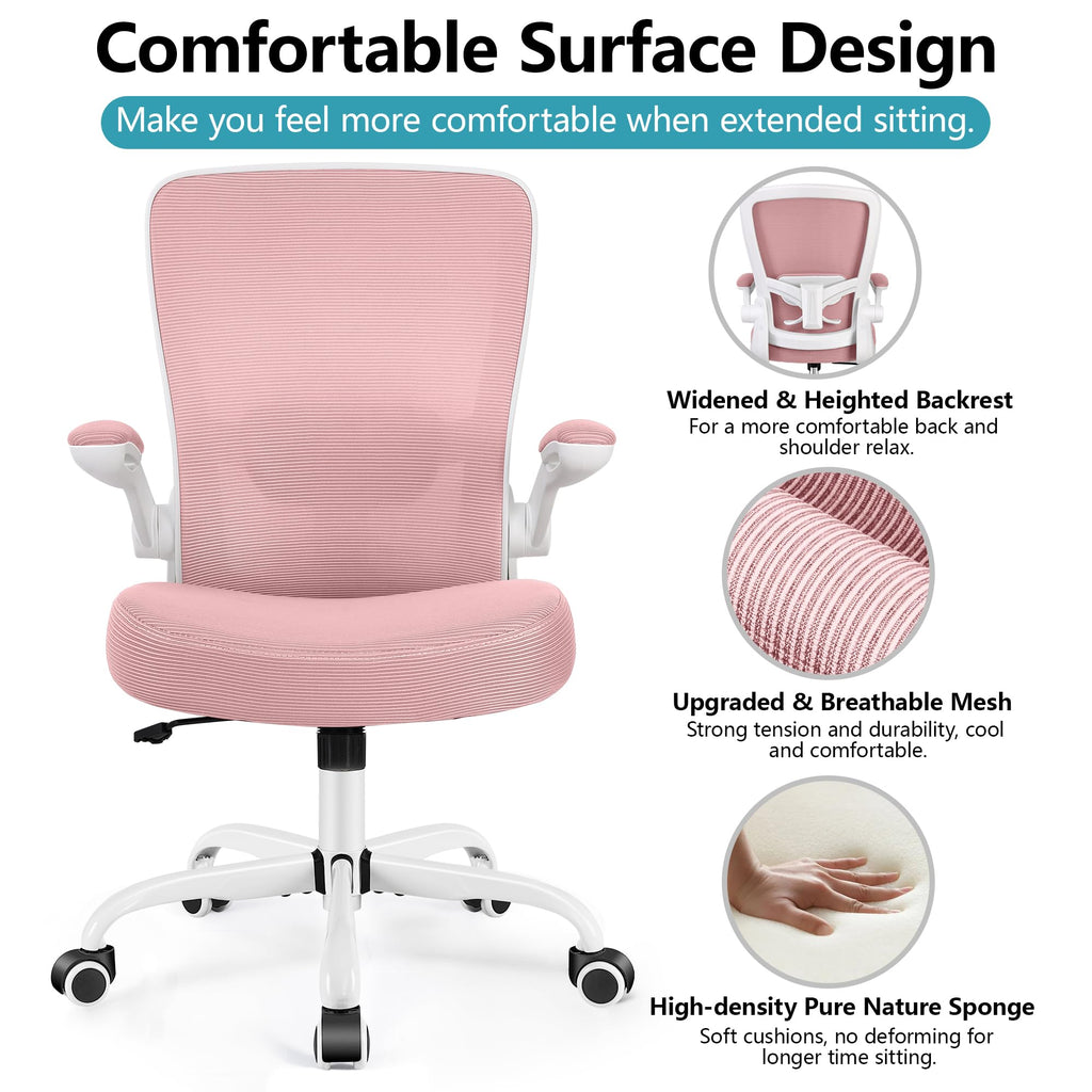 Office Chair, Ergonomic Desk Chair Breathable Mesh Chairs Adjustable High Back Lumbar Support Flip-up Armrests, Executive Rolling Swivel Comfy Computer Chairs Home Office Rose Quartz
