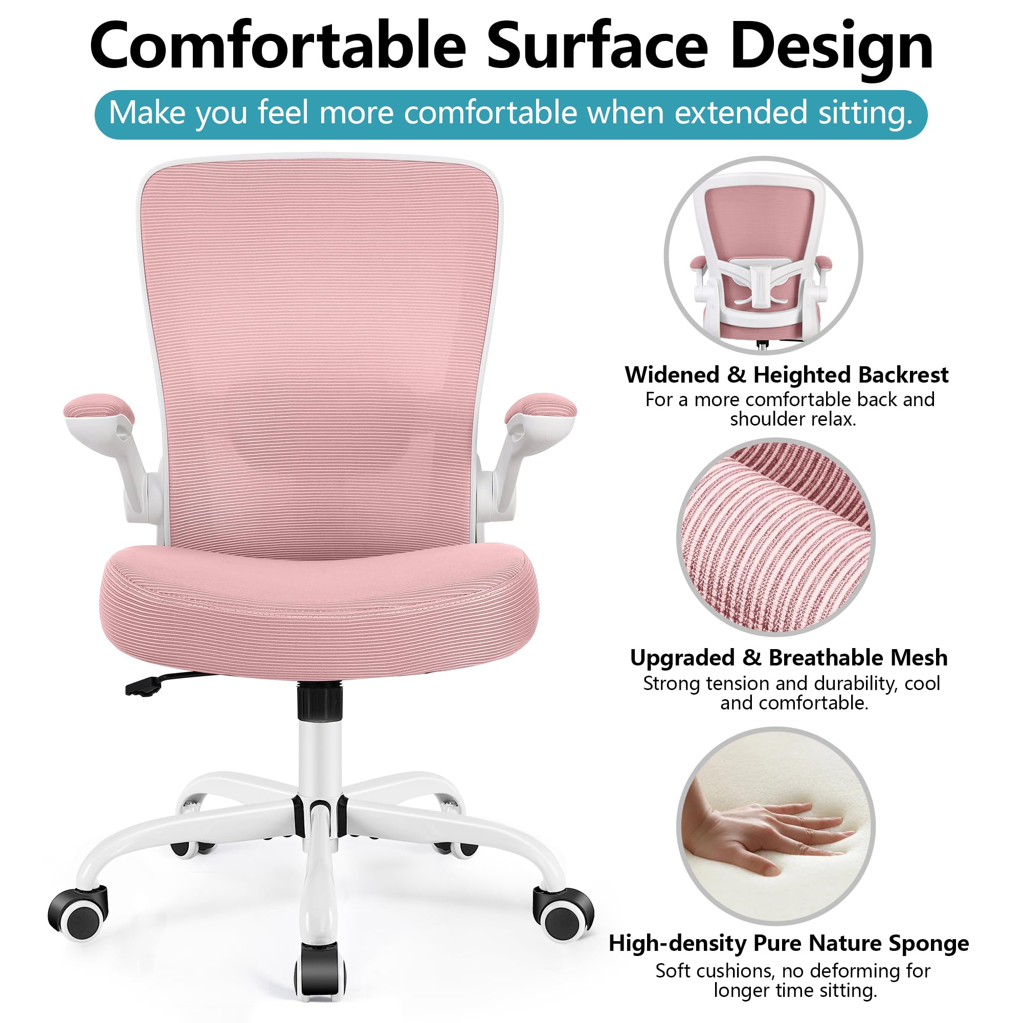 Office Chair, Ergonomic Desk Chair Breathable Mesh Chairs Adjustable High Back Lumbar Support Flip-up Armrests, Executive Rolling Swivel Comfy Computer Chairs Home Office Rose Quartz