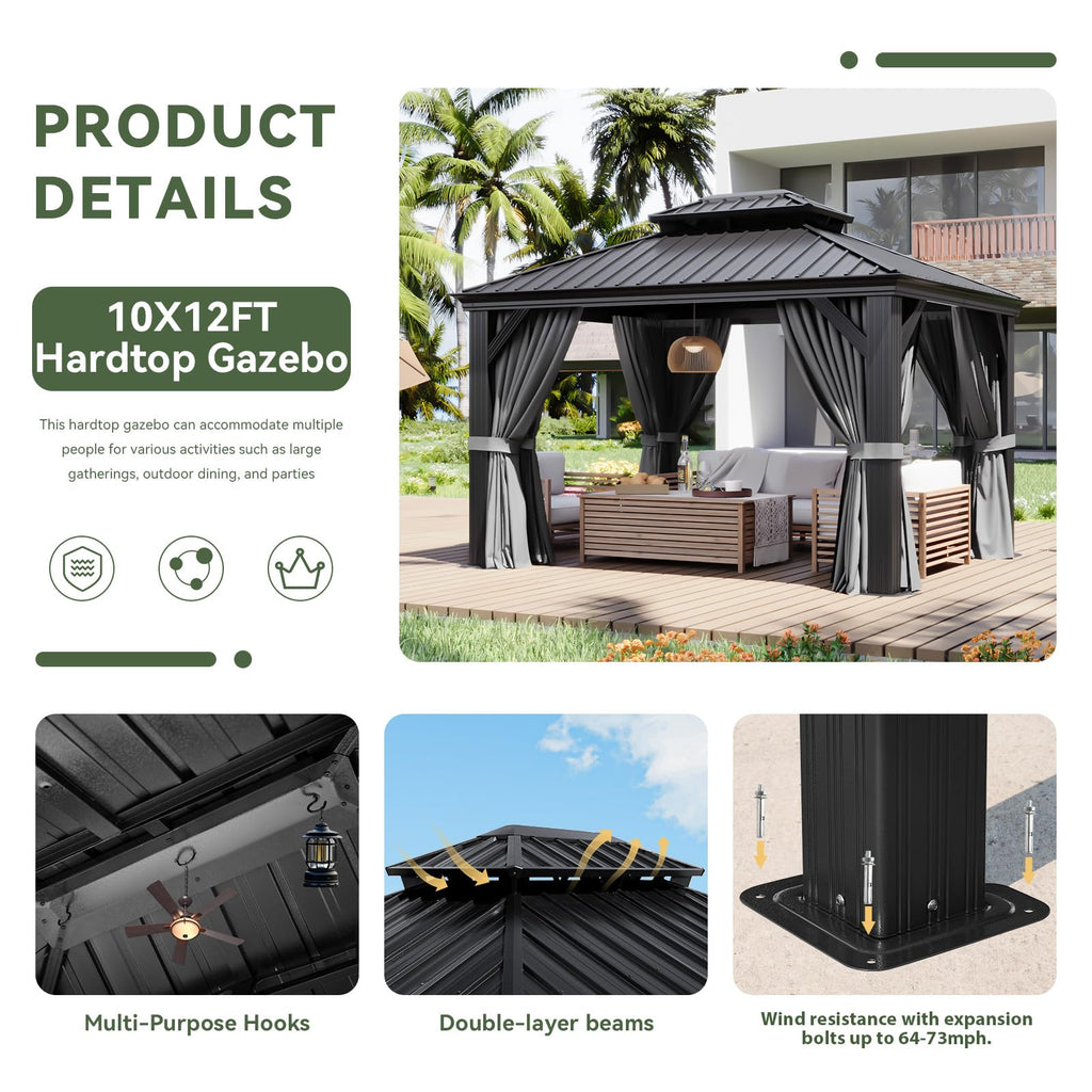 10' X 12' Hardtop Gazebo with Drainage System, Aluminum Outdoor Gazebo with Galvanized Steel Double Roof, Patio Permanent Metal Pavilion with Netting, for Garden, Deck, Grey