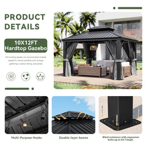 10' X 12' Hardtop Gazebo with Drainage System, Aluminum Outdoor Gazebo with Galvanized Steel Double Roof, Patio Permanent Metal Pavilion with Netting, for Garden, Deck, Grey
