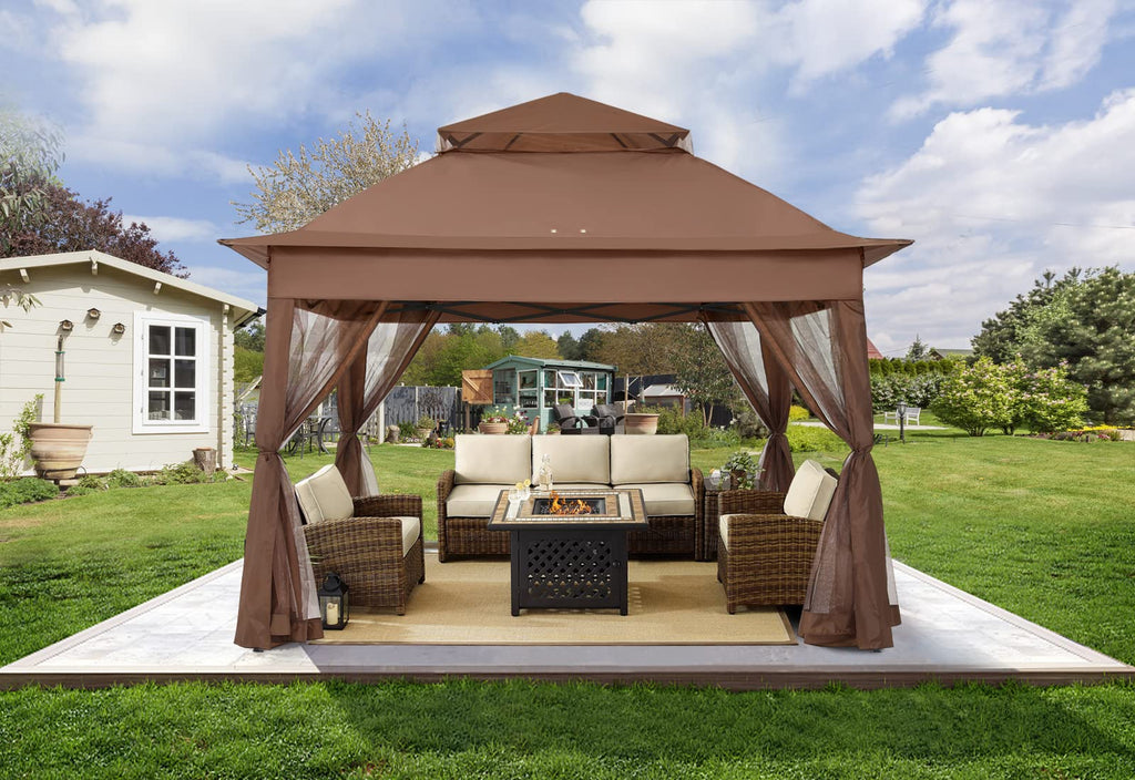 11x11 Pop Up Gazebo Tent Outdoor Canopy Patio Shelter with Mosquito Netting(Brown)