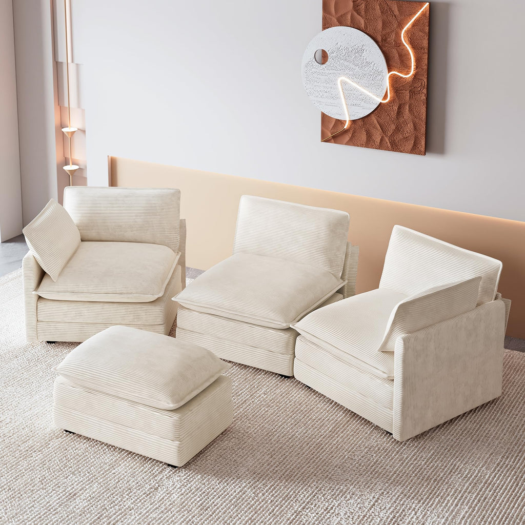 112'' Oversized Modular Sectional Cloud Couch with Movable Ottoman, 4 Seat Modern Corduroy Sofa, Deep Seat L Shaped Couch for Living Room Bedroom Apartment, Cream